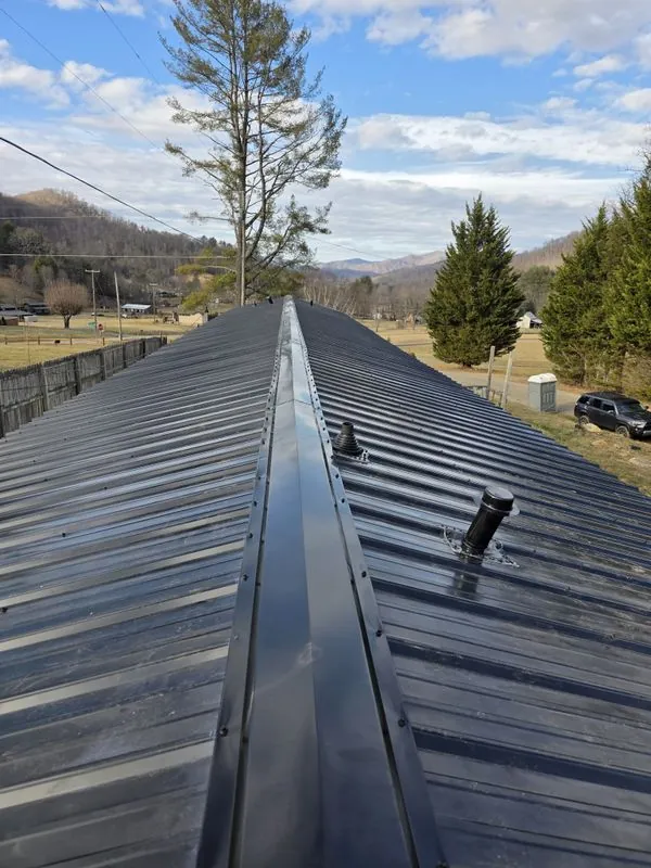 Black standing-seam metal roof panels seen looking down the slope toward a valley